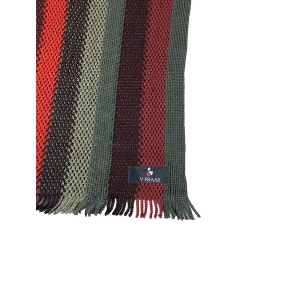 V. Fraas Unisex One Size Dark Green Red and Orange Striped Scarf - Picture 3 of 5